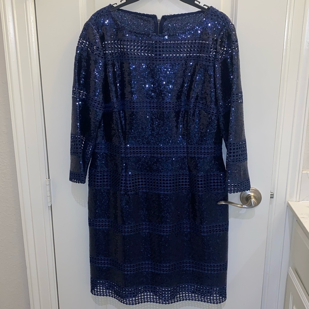Alex Marie Navy Blue Sequin and Lace Cocktail Dress.